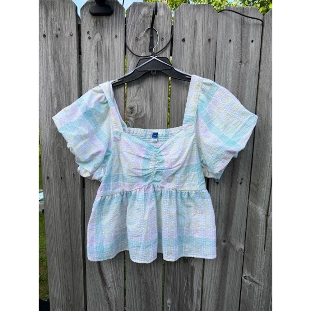 Old Navy Pastel Plaid Seersucker Babydoll Top XL Puff Sleeve Square Neck Peplum